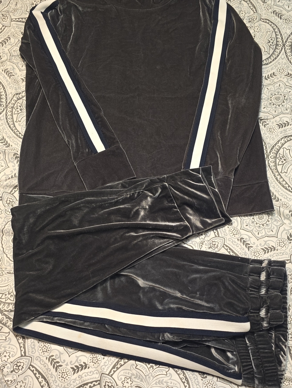 Velvet Track Pants & Top Set - Black with White Stripe